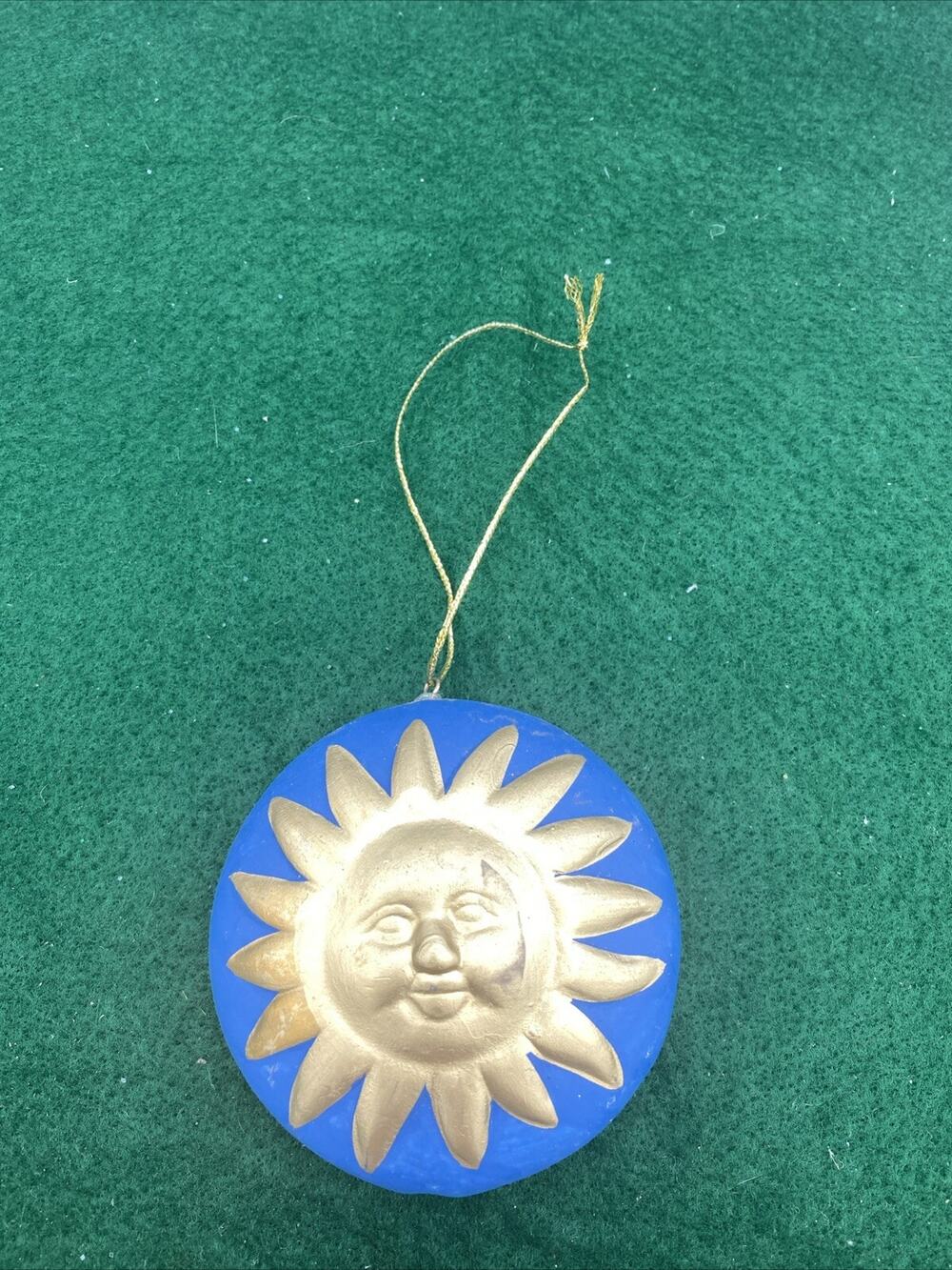 Handmade Molded Porcelain Sun Christmas Ornament 3” Vtg French Country Blue/Gold